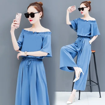 

2020 Summer Loose 2 Piece Set One Shoulder High Waist Wide Leg Pants Two Piece Set Women Red Blue Black Elastic Clothes
