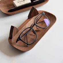 Creative Handmade Black Walbut Storage Tray for Glasses/Cosmetics Cute Kitten Shape Natural Wood Desk Organizer
