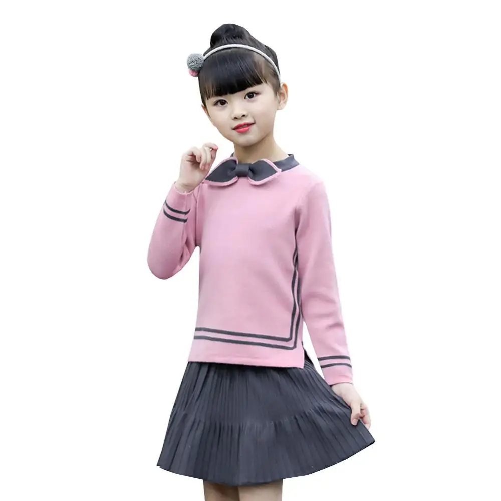 Розовый Girls Sweater Clothing Set Bow Stripe Knitwear Coat Winter Autumn Girls Sweater Long Sleeve Warm Two-piece Tops+Skirts - Цвет: Розовый