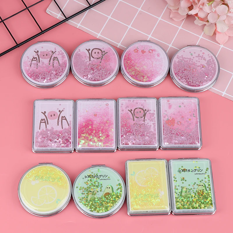 Portable Double-Sided Folding Mirror Creative Quicksand Makeup Mirror Rectangle/Round Cosmetic Mirror Mini Compact Pocket