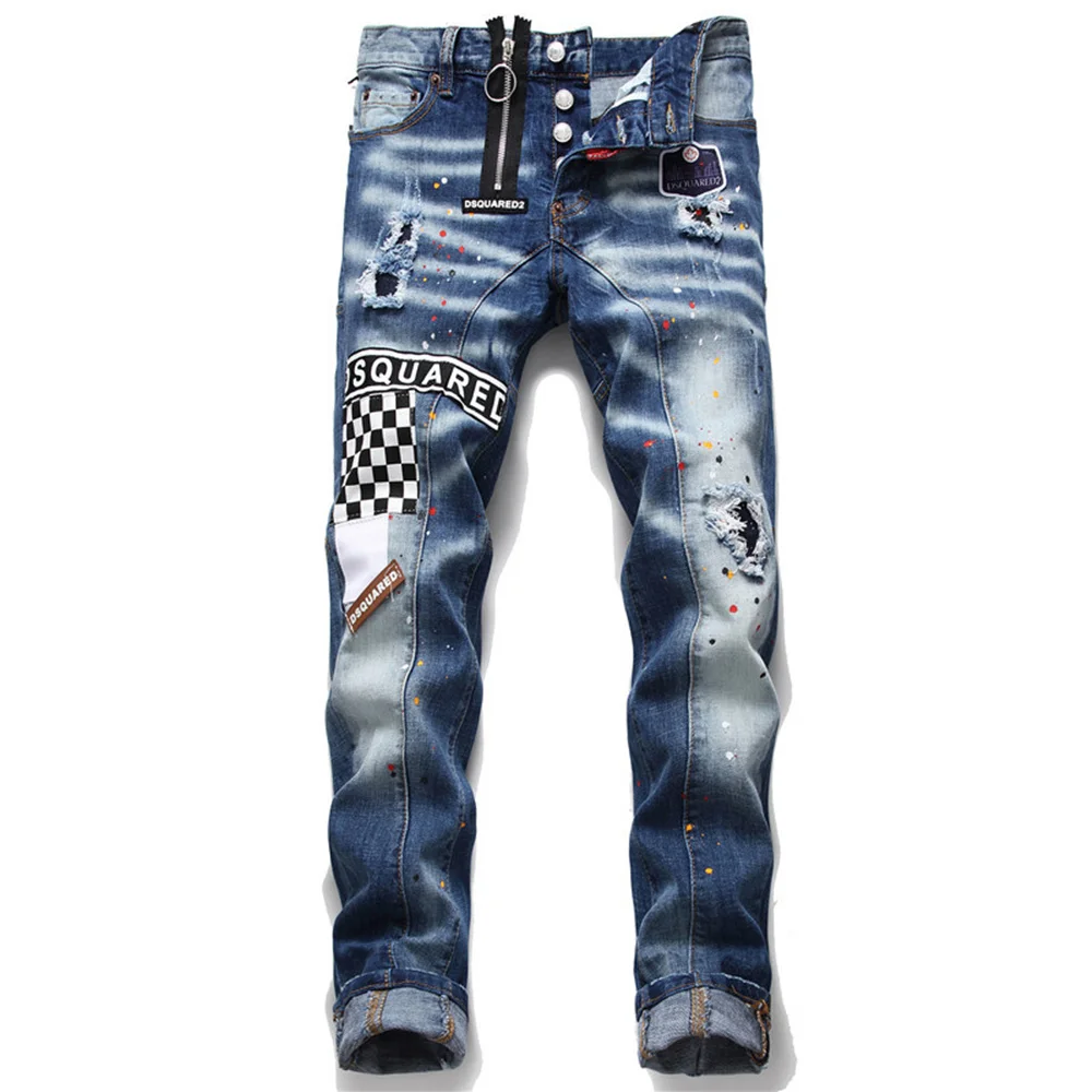 Pantalones vaqueros ajustados para hombre, Jeans elásticos de tela de retales rasgados a la moda, color azul