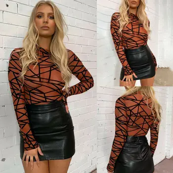 

Chic Thorns Printed Romper Women Bodysuit Leotard Blouse Long Sleeve Mesh Stretch Jumpsuit Slim Tops Mesh Sheer Romper