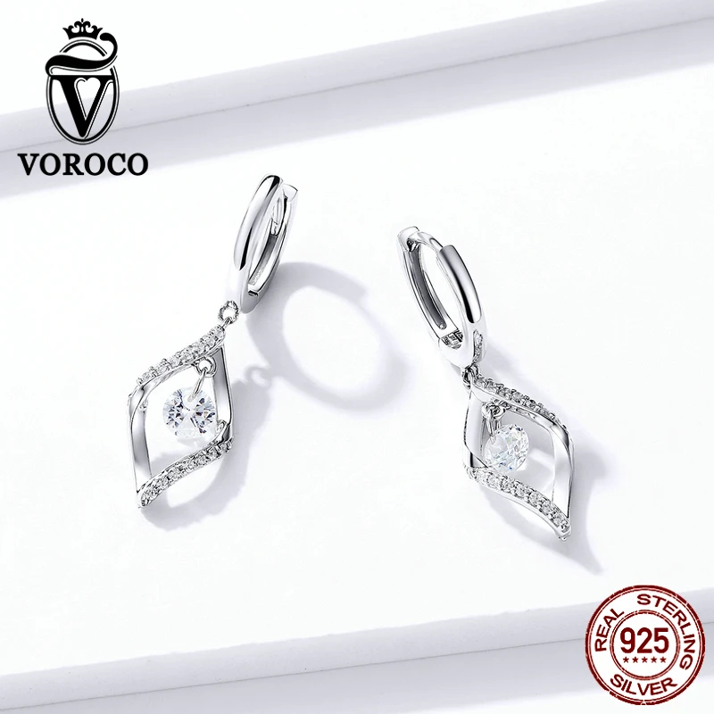 VOROCO BNE322 925 пробы серебряные висячие серьги стильные Геометрические элементы Блестящий Цирконий висячие серьги женские ювелирные изделия