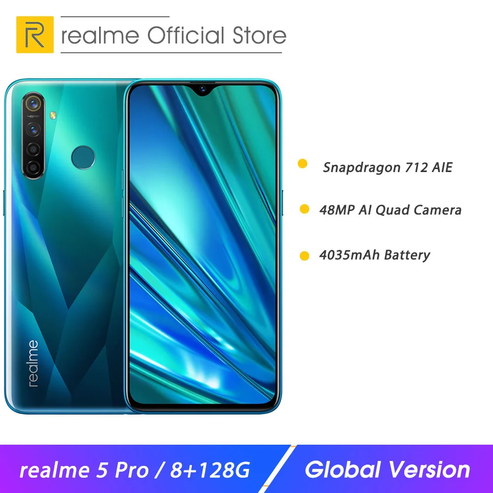 Смартфон realme 5 Pro 8 Гб ОЗУ 128 ПЗУ 6 3 дюйма Snapdragon 712AIE 4035 мАч 20 Вт VOOC быстрая зарядка 48