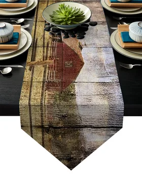 

Retro Log Cabin Wood Grain Farm Barn Table Runner Table Flag Home Party Decorative Tablecloth Table Runners for Wedding