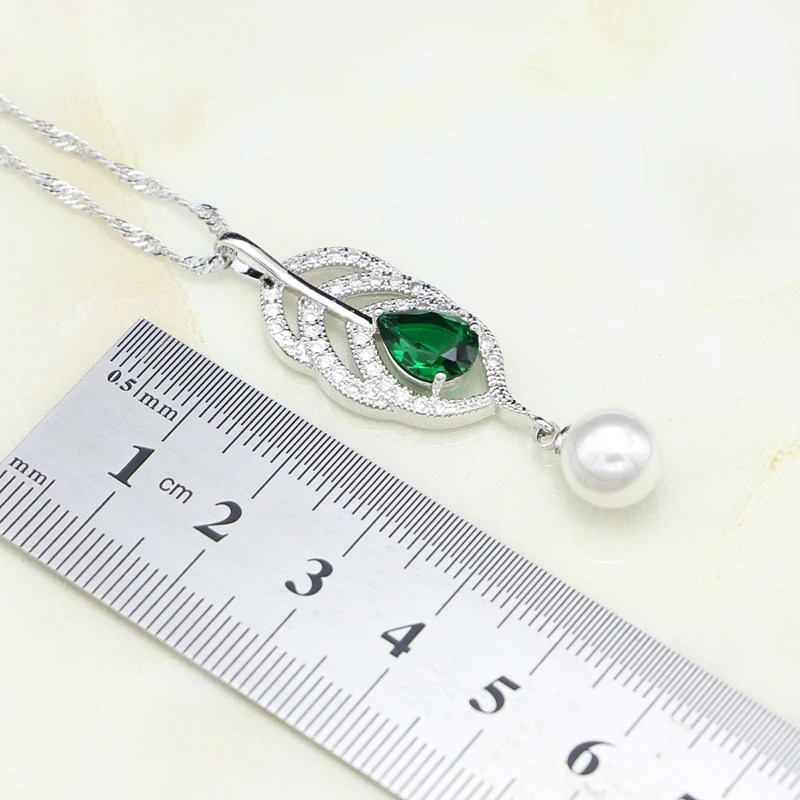 925 Silver Jewelry Sets Natural Green Cubic Zirconia White Pearl For Women Drop Earrings/Ring/Pendant/Necklace Set