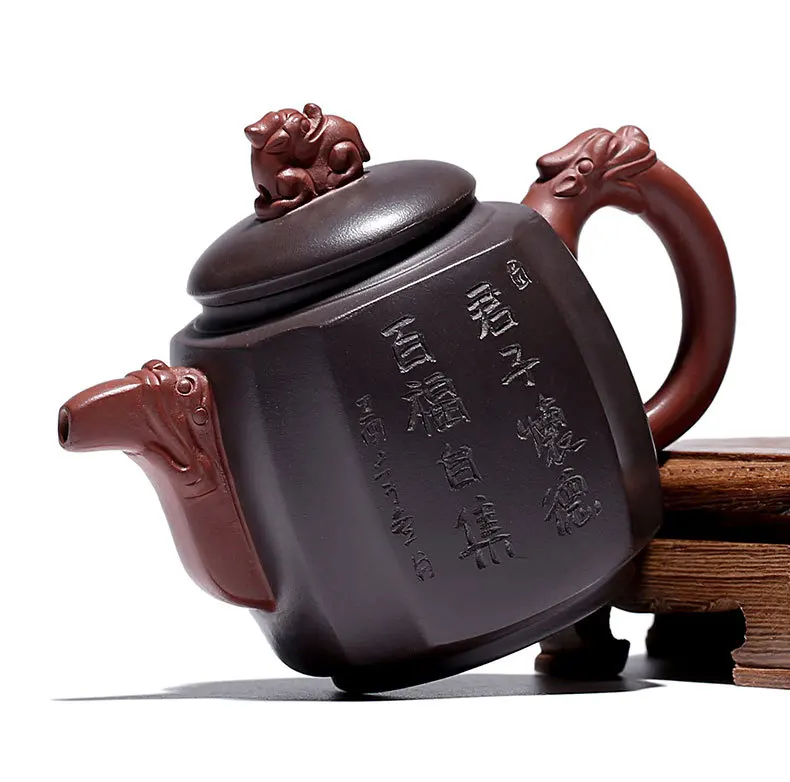Gu peng cheng Yixing Clay Teapot Raw Ore Purple Clay High Square Dragon Statue Carving Double Color Plain Cement Mixed Colors En