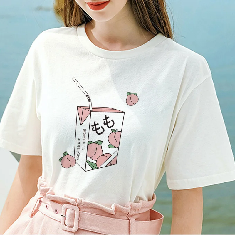 

Girl 90s Kawaii White T-shirt Peach Juice Japanses Aesthetic Grunge T Shirt Women Summer Casual Tumblr Outfit Fashion Top Tshirt