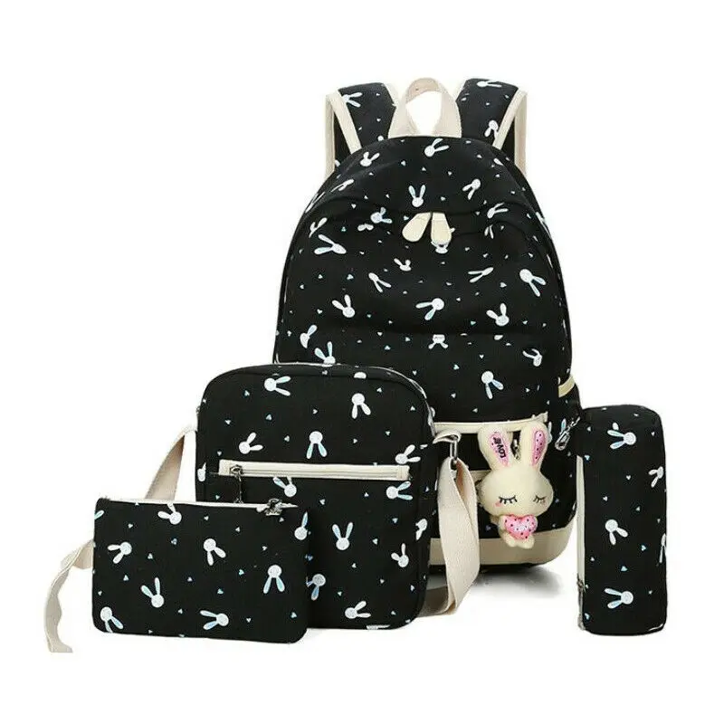 2 New Casual Cartoon Backpack Ladies Girls Women Print Bag Medium Large Rucksack School Travel Canvas Bags 4 pcs Sets - Цвет: 2