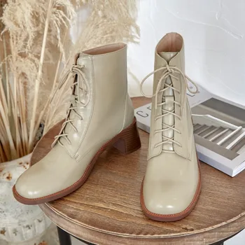 

GPOKHDS 2020 women ankle boots soft Cow leather round toe winter short plush lace up high heels female riding boots dress