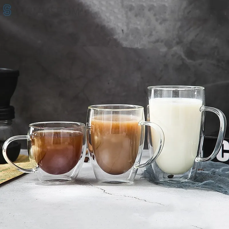 DOUBLE WALL DESIGN GLASS TEA COFFEE CUP HEAT-RESISTANT CLEAR GLASS MUG SUPER 