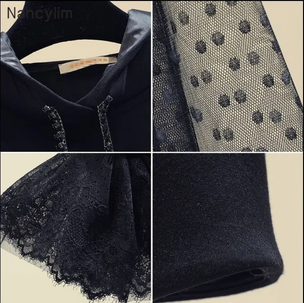 Hooded Sweatshirt Women Spring Autumn Point Embroidery Hollow-out Horn Sleeve Crop Top Hoodie Students Black Hoodies Femme