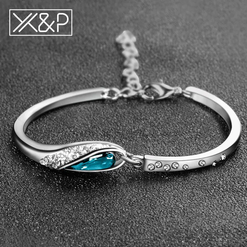 X& P Роскошные серебряные браслеты с кристаллами и цепочкой для женщин, женские свадебные модные стразы, женский браслет, ювелирное изделие - Окраска металла: Peacock blue