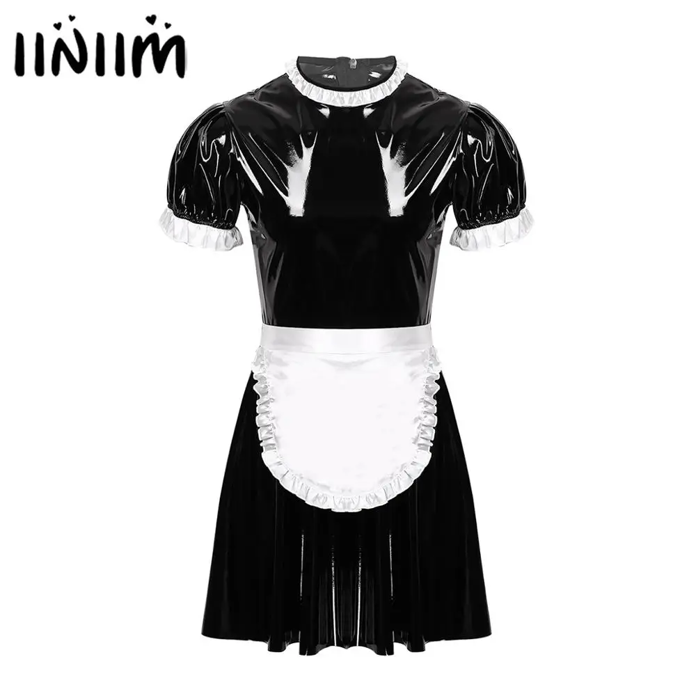 New Mens Male Sissy Maid Dress Cosplay Costume Clubwear Puff Sleeve Wetlook Latex Maid Servant