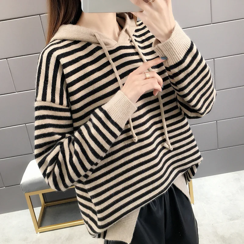 

Mooirue Winter Women Kintting Pullover Striped Vintage Hooded Loose Casual Streetwear Korean Style Harajuku Jumper Sweater Tops