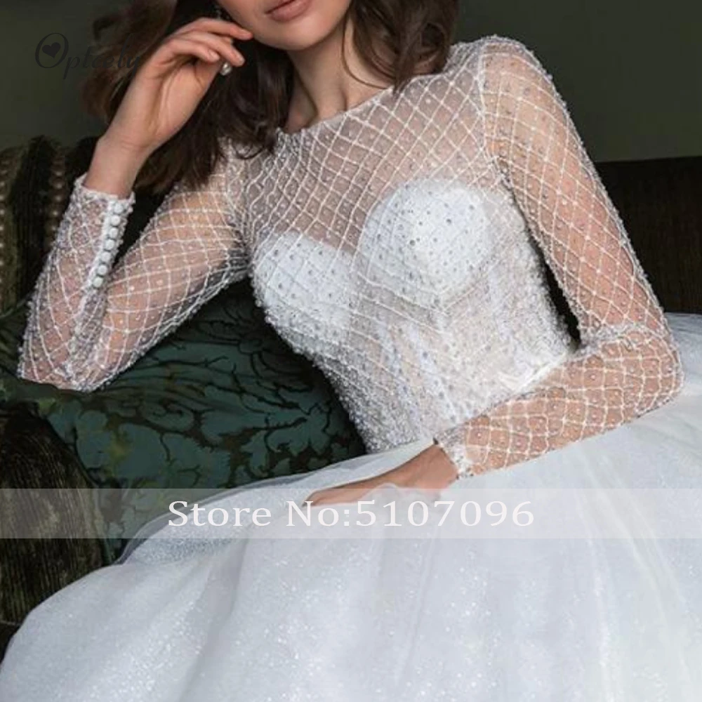 Optcely Vestido De Noiva Романтический овальным вырезом качество Бисер трапециевидной формы свадебные платья класса люкс с длинными рукавами, пуговицами платья принцессы