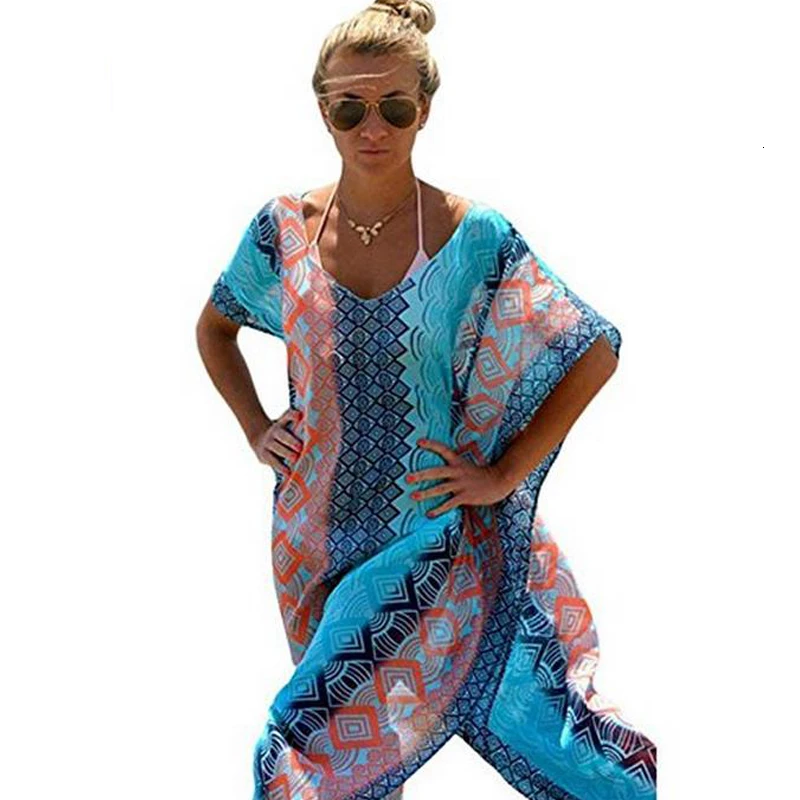 Nieuwe stijl strand lange zomer платье mode losse gewaad formule vrouwen с v образным вырезом и принтом из