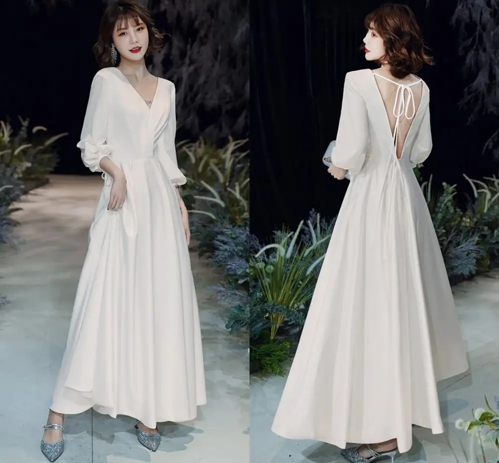 

2020 V-Neck Ankle Length Wedding Dress Half Sleeves White Ivory Satin Backless Bridal Dresses Simple Vestido De Novia PFW807
