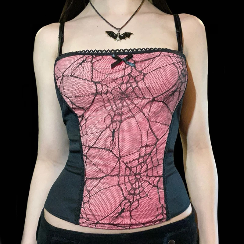 nylon camisole Women's Gothic White Pink Red Spider Web Print Tube Top Sexy Lace Suspender Vest New Slim Sling Tank Top Streetwear Corset silk camisole Tanks & Camis