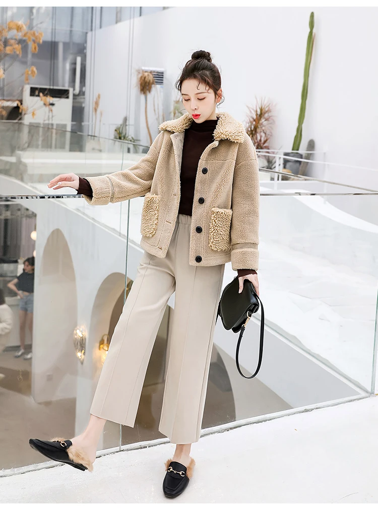 Корейский стиль женский пиджак зимняя одежда из овечьей шерсти пальто женская верхняя одежда с длинным рукавом; комбинезон с отворотами и