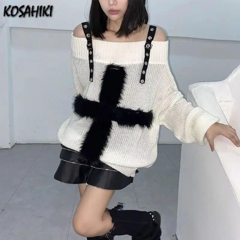 KOSAHIKI Harajuku Punk Knitwear Women Off Shoulder Belted Thin Sweater Cross Fur Patch 2022 Autumn Loose Gothic Y2k Pullover | Женская