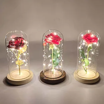 

Rose In Glass Dome Romantic Eternal Red Rose In Flask Beauty And The Beast LED Lamp Wedding Decor Valentine Mother's Day Gift