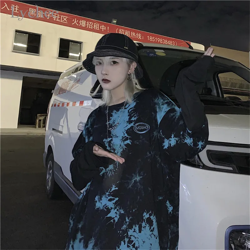 Lychee Harajuku Tie dying женские футболки, топы, футболки с вышитыми буквами, женские футболки, Поддельные 2 штуки, женские футболки, топы, футболки