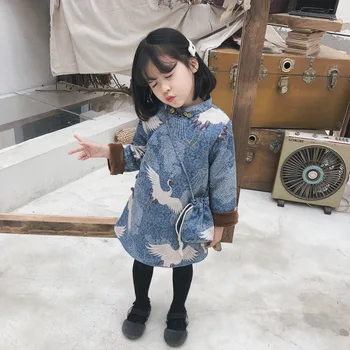 

WLG girls winter Chinese Style dresses kids thick pink blue party dress baby girl warm cute hanfu clothes for 2-6 years