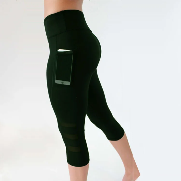 Cross Border Hot Selling Mobile Phone Pocket Gauze Joint High-waisted Elasticity Multi-Color Leggings Yoga Pants a Large Amount