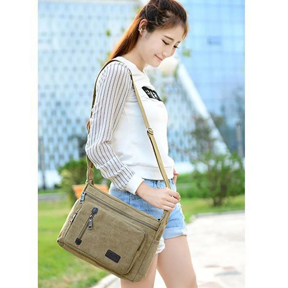Multi-pocket Men Messenger Bag Single Shoulder Vintage Large Capacity Canvas Adjustable Strap Zipper Closure Travel Riding