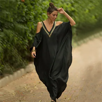 

Black Beach Wear Women Loose V-neck Beach Cover-up Sling with Embroidered Vacation Gown Bikini Sunscreen Cover Up Beach Woman