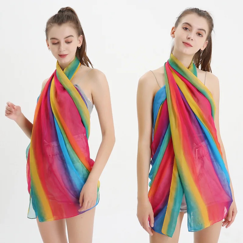 New Rainbow Color Silk Scarves Woman Autumn Winter Long Dots Printed Shawl Scarf Ladies Chiffon Beach Scarf Wraps Warm Gift 2