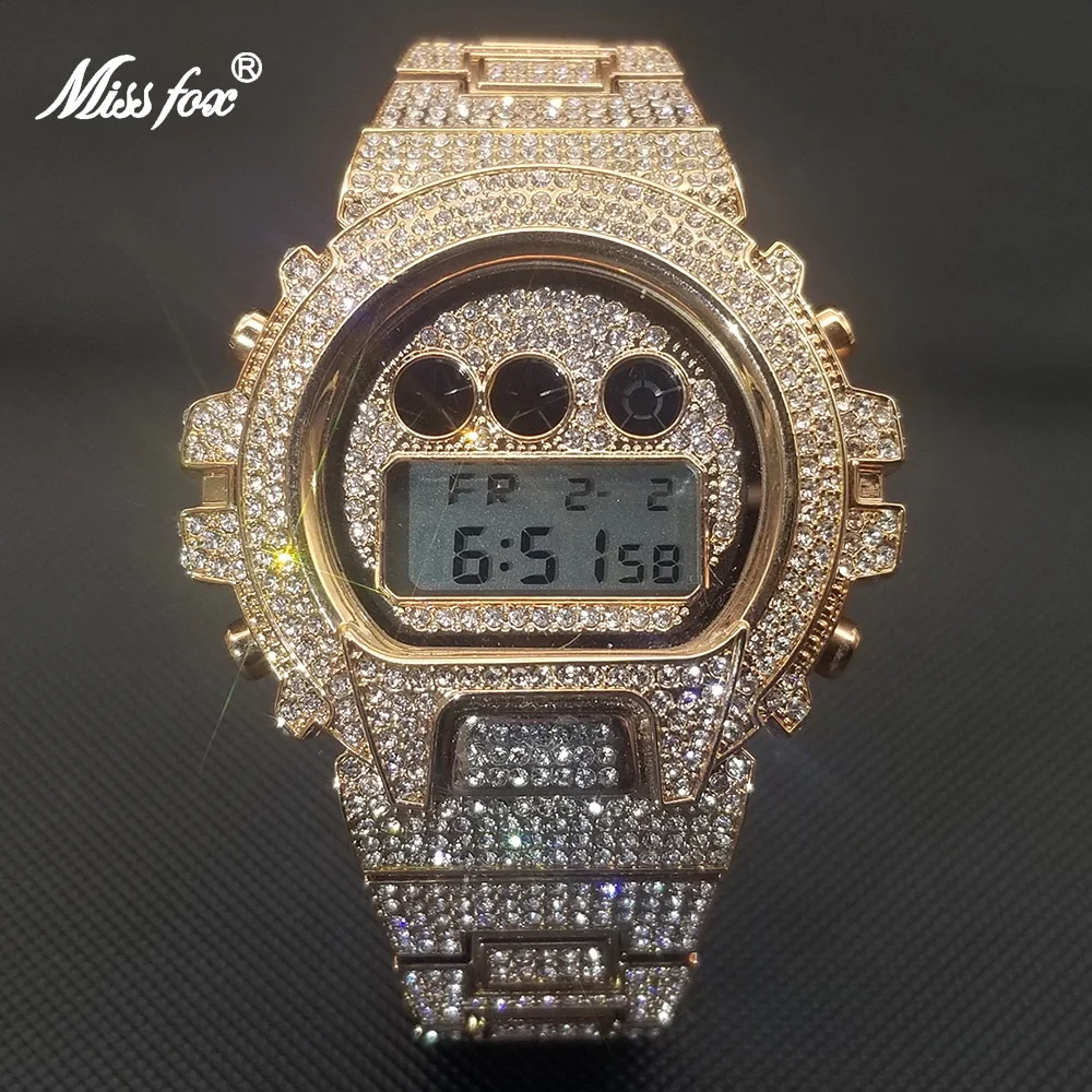 MISSFOX Hip Hop Fully Iced Out Men Watches Digital Luxury  Diamond Chronograph Wristwatch AAA Classic Stainless Steel Clock 2021