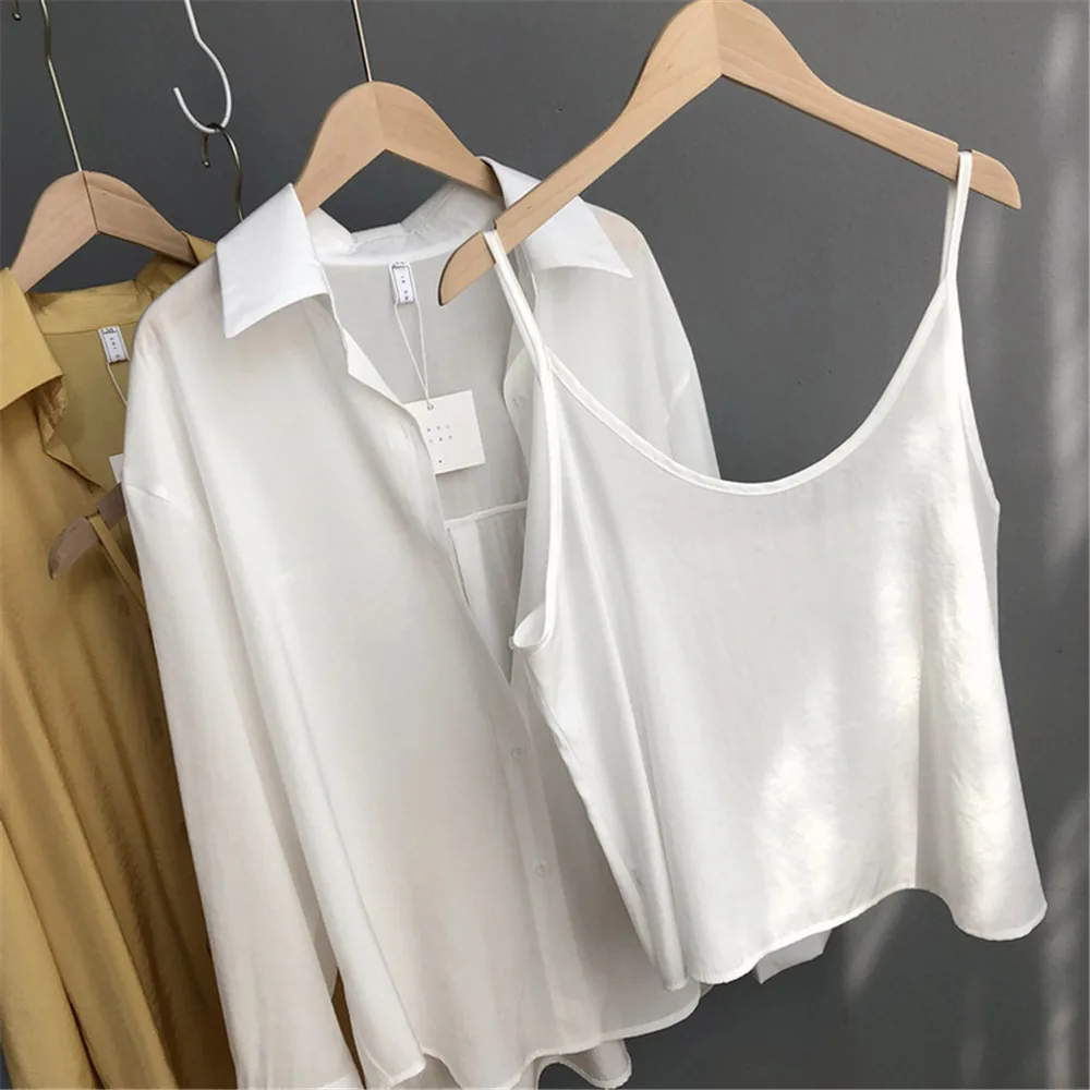 High quality 2pcs Women Blouse Shirt 2020 Summer Solid All match Satin Blouses Shirts Femal Blouse+halter tops Z1082 (9)