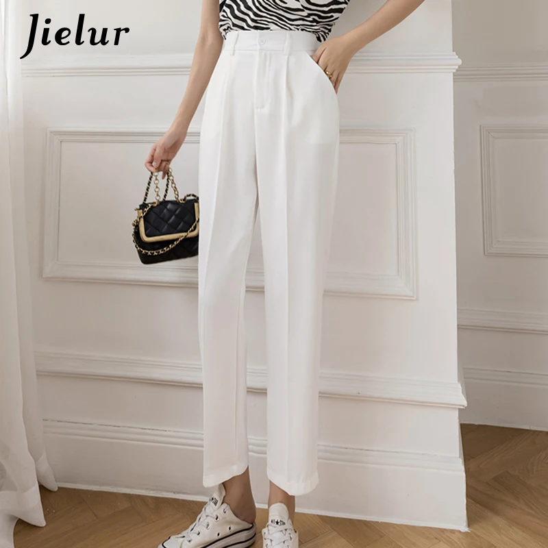 Jielur High Waist Casual Blue Pants Female Pocket Zipper Apricot Suit Pants Women Autumn  Straight Loose White Trousers S-XL