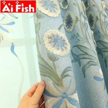 

European luxury Pink Embroidery Semi-Blackout Curtain Fabric Bedroom for Living Room Bay Blue Drapes Beige Tulle Curtains M129-4