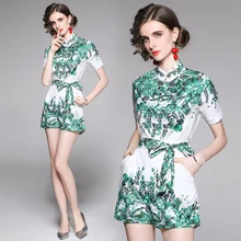 2 Piece Women Set Summer Single Breasted O-Neck Casual Shorts Designer Sashes Slim Shirt Sleeve Print Office Lady Elegant Causal