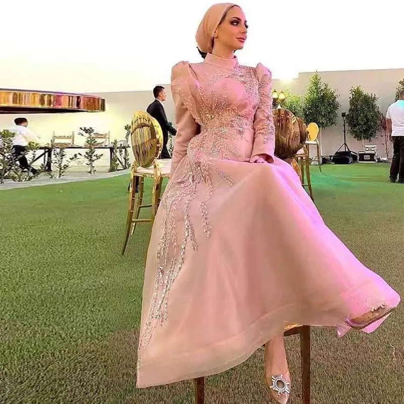 Beautiful Ankle Length Muslim Prom Dresses 3D Flower Bead Organza Evening Formal Gown Vestidos De Novia rose gold prom dress