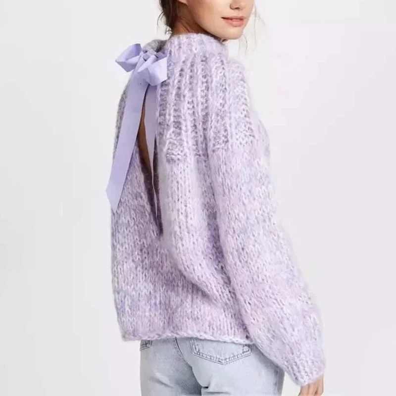 CHICEVER женский свитер с бантом и открытой спиной, круглый вырез, шнуровка, длинный рукав, негабаритный, вязаный, корейский пуловер, женский,, осень, зима
