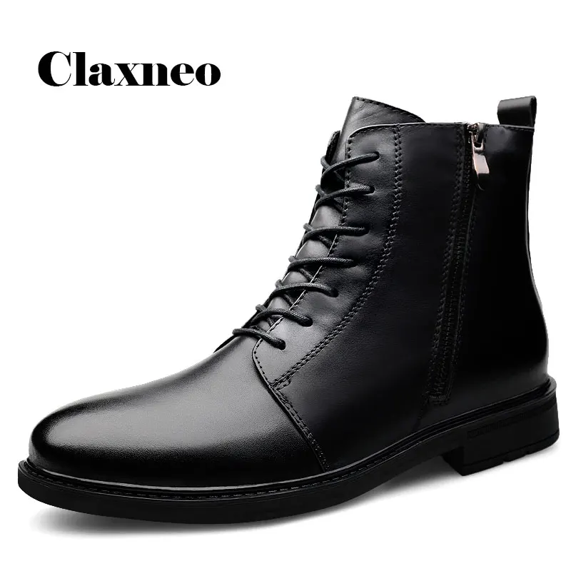 

CLAXNEO Man Leather Boots High Top Autumn ZIPPER Shoe Male Genuine Leather Winter Boot clax Men's Shoe Fur Warm
