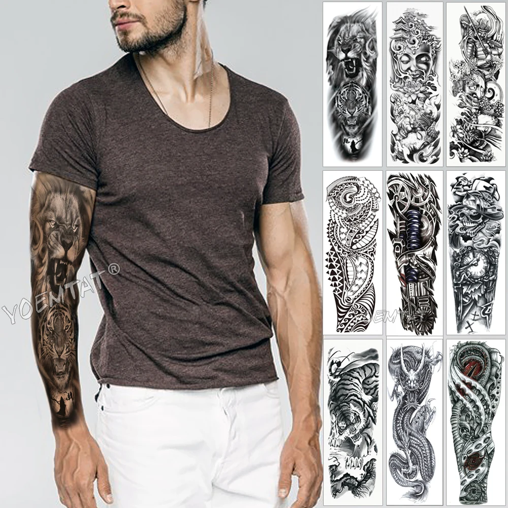 Large Arm Sleeve Tattoo Sketch Lion Tiger Waterproof Temporary Tatoo Sticker Wild Fierce Animal Men Full Bird Totem Tatto