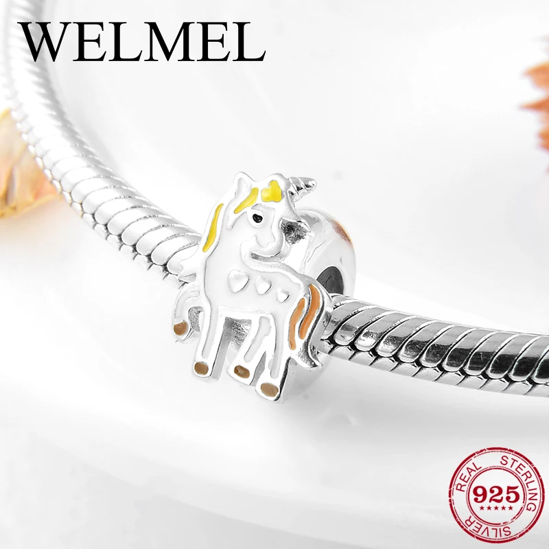 

fit Original Pandora Charms Bracelet 925 Sterling Silver white Enamel unicorn spacer stopper beads for Jewelry making bijoux