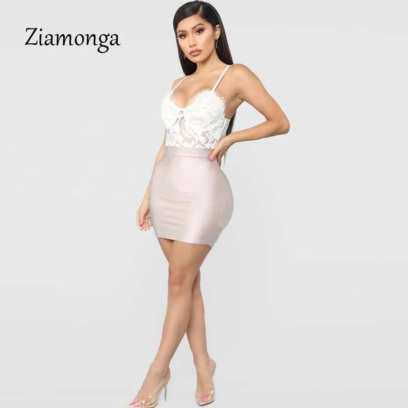 Ziamonga Sheer Lace Bodysuit Women Sexy Spaghetti Strap V-Neck Push Up See Through Jumpsuit Women Lace Bodysuits 2019 Summer New