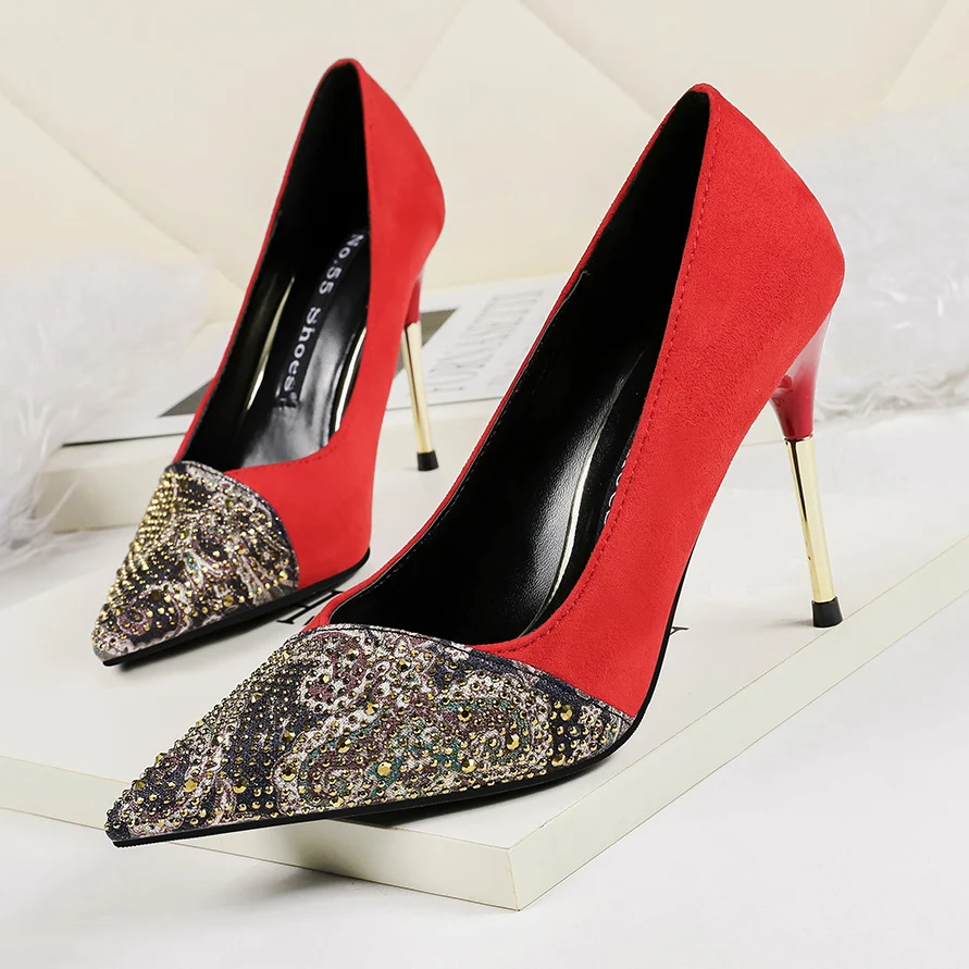 

Fashion high Heels shoes Women patchwork pointed toe pumps crystal slip on shallow Slides luxury Stilettos sexy zapatos mujer