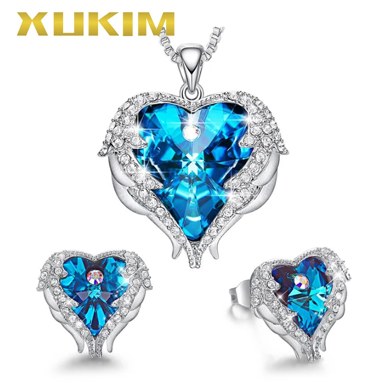 

JS002 Xukim Jewelry Christmas Silver Blue Red Crystal Angle Wing Heart Necklace Earrings Jewelry Set