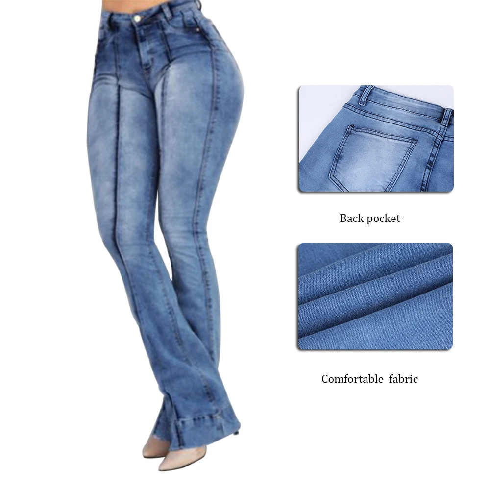 Женские джинсы, повседневные, обтягивающие, тянущиеся, джинсы с завышенной талией, большие, длинные, расклешенные, штаны, светильник, синие, брюки для женщин