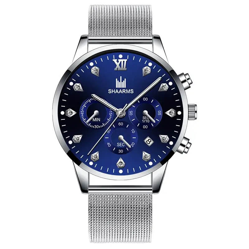 Silver Blue SHAARMS, модные мужские наручные часы, синие, DialCasual, кварцевые часы из нержавеющей стали, сетчатый ремешок, часы с датой, Reloj Hombre - Цвет: Silver Blue