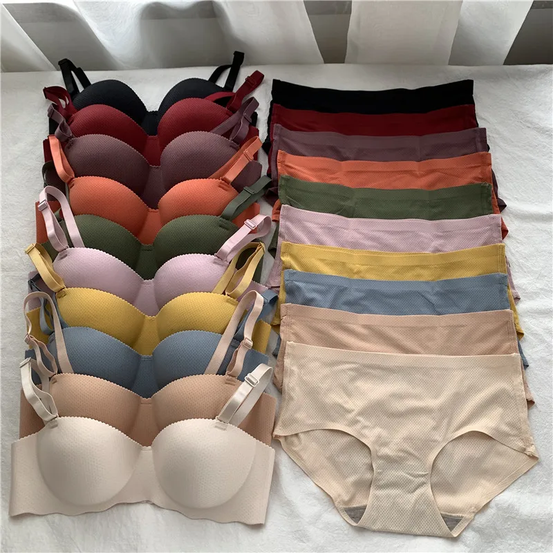 

2pcs Women Underwear Set Seamless Bralette Bra and Mid Waist Panty Plain Color Underwear Bra Set with Panties