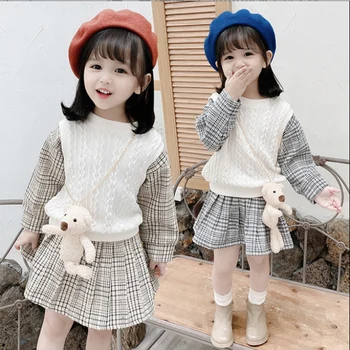 

Spring kids Girl Clothes Outfit sets Knitted Pullover jackets Skirt Suits 2-6 T Baby Birthday children Girl Clothing School sets
