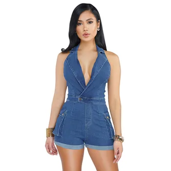 

Summer Rompers Womens Jumpsuit Sleeveless Halter Deep V Neck Backless Sexy Denim Skinny Jumpsuit Slim Fit Temperament Commute